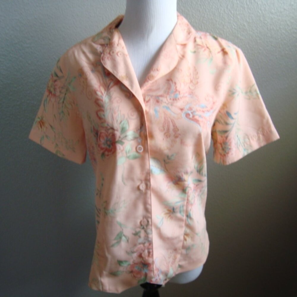 Alfred Dunner Peach Floral Short Sleeve Button Up Blouse sz 8